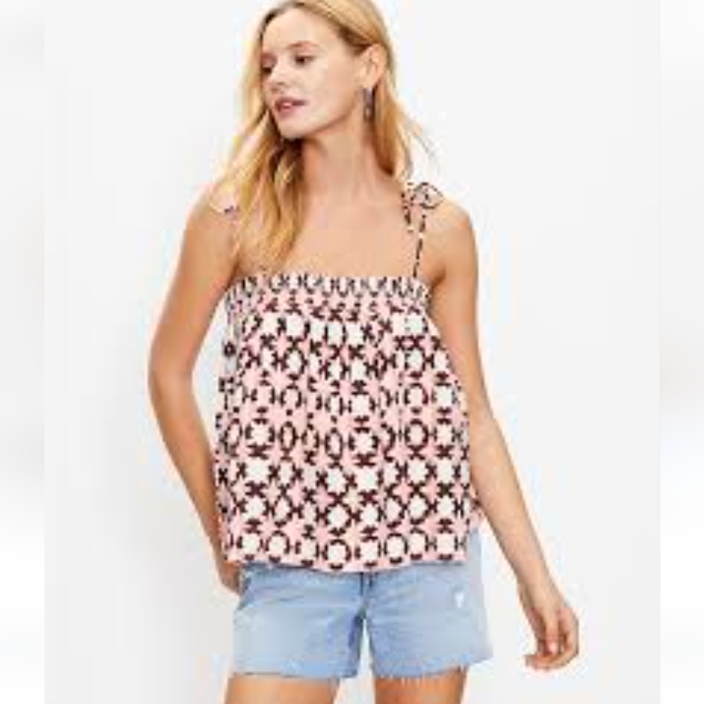 LOFT SUNWASHED FLORAL SMOCKED BOW STRAP CAMI, PINK LP